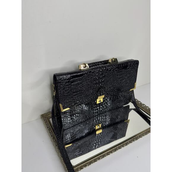 Vintage Mido Korea Black Patent Leather Embossed Croc Texture Top Handle Shoulde - Picture 5 of 10